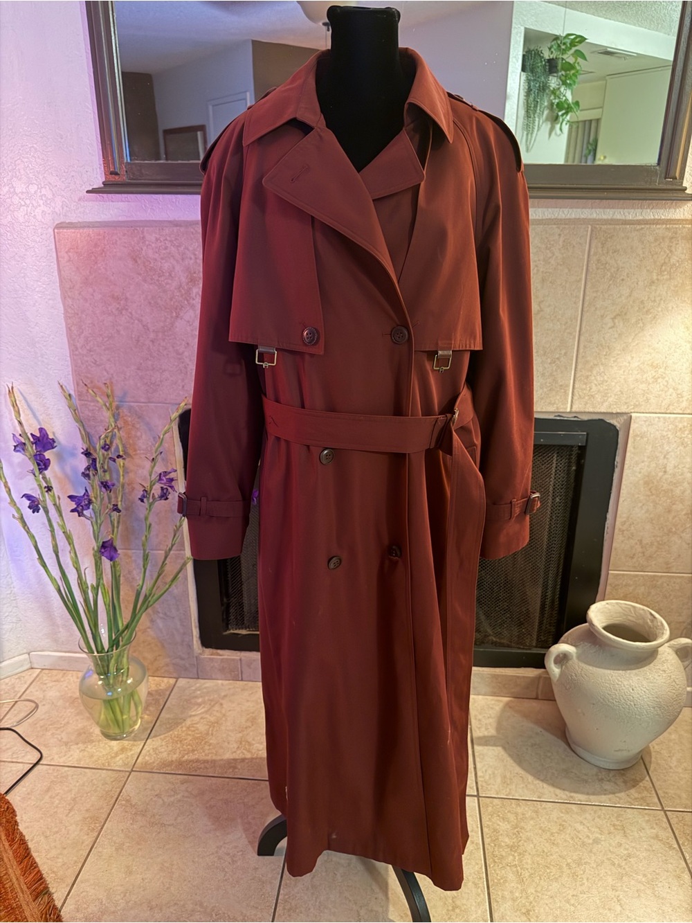 Vintage Etienne Aigner Oxblood Burgundy Belted Trench Coat Size 16 Quiet Luxury